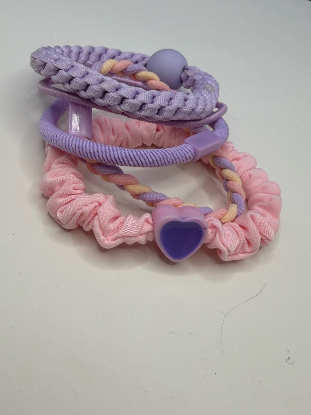 💜 5/$15 Kids Pastel Pink & Lavender 4 Piece Hair Tie Set with Heart Charm